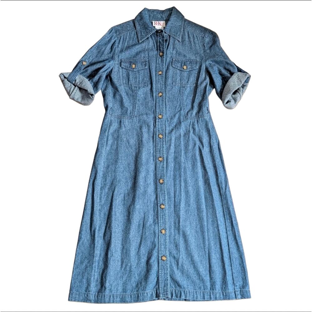 Vintage 90s R&K Originals Roll Tab Sleeve Button Down Denim Midi Dress Women's 4